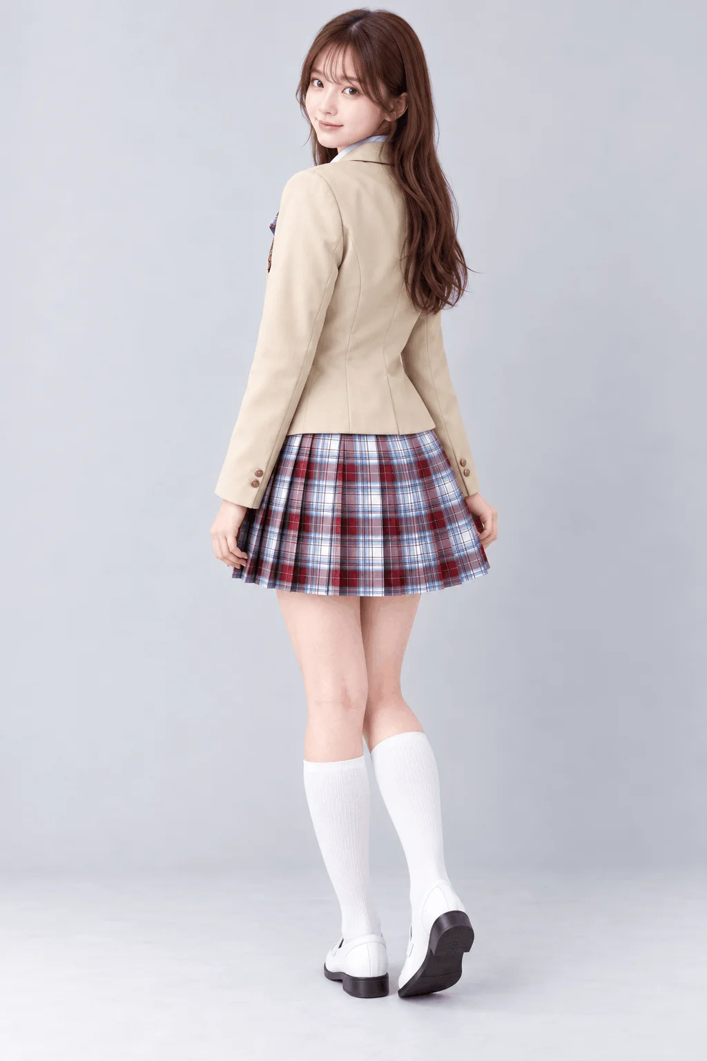 ワインレッドチェックブレザー制服　左引き別ポーズ