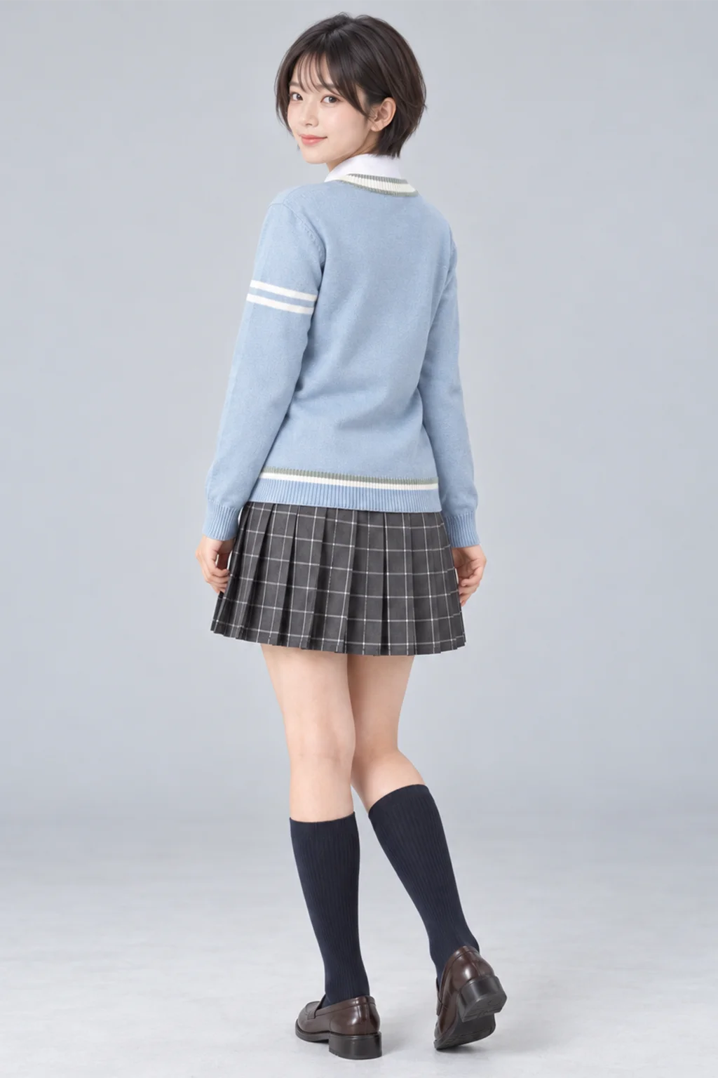 スカイブルーカーディガン制服セット　背面ポーズ