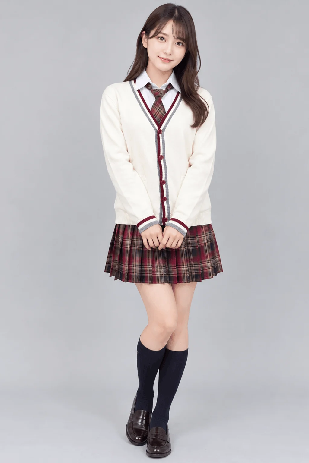 ボルドーチェックカーディガン制服セット　モデル3
