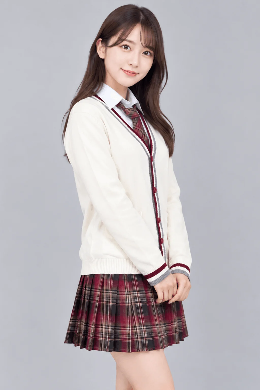 ボルドーチェックカーディガン制服セット　モデル5